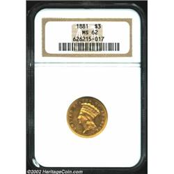 1881 $3 MS62 NGC. Whereas most business strike 1881 Three Dollar gold pieces display a prooflike fin