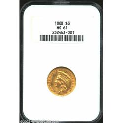 1888 $3 MS61 NGC. Lustrous with clear fields and a high degree of reflectivity. Olive-gold in color.