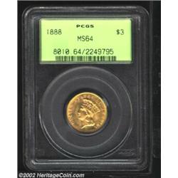 1888 $3 MS64 PCGS. A popular Three Dollar issue that, although fairly obtainable in Mint State grade