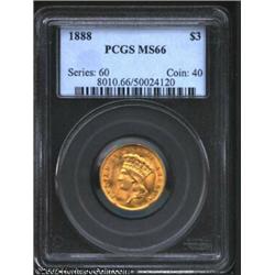 1888 $3 MS66 PCGS. Unlike most other late-date Three Dollar gold issues, the 1888 rarely shows proof