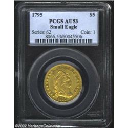 1795 $5 Small Eagle AU53 PCGS. B. 6-F, Miller-9, R.5. This scarce die variety is most easily disting