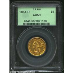 1851-O $5 AU50 PCGS. A second AU50 example of this O-mint Half Eagle (the other being in the Ashland