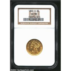 1853-D $5 AU58 NGC. Surely to be of interest to a wide range of bidders including those who collect.