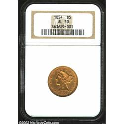 1854 $5 AU50 NGC. Both sides are draped in rich orange and lilac patina. Important notice: We expect