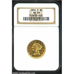 1854-D $5 AU58 NGC. Winter 25-T. This branch mint gold issue was produced to the extent of only 56,1