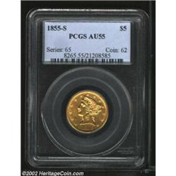 1855-S $5 AU55 PCGS. This coin was previously offered as lot 2259 in our September 2002 Long Beach B