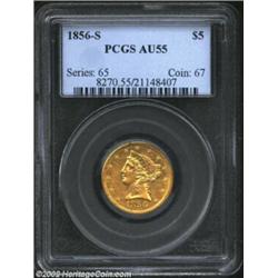 1856-S $5 AU55 PCGS. This medium intensity, yellow-gold example displays a typical number of abrasio