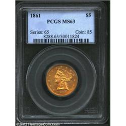 1861 $5 MS63 PCGS. Medium intensity reddish-gold color envelops sharply defined features that are de