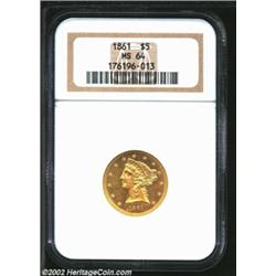 1861 $5 MS64 NGC. One of several Choice 1861 Fives in this sale, this coin exhibits attractive, even