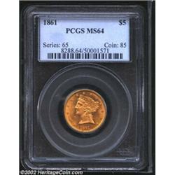 1861 $5 MS64 PCGS. Produced in sizeable numbers (688,150 pieces) for the era, the 1861 is an underst