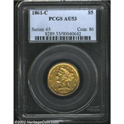 1861-C $5 AU53 PCGS. Winter 30-K. Die State II. The reverse crack can be seen at the rim over the fi