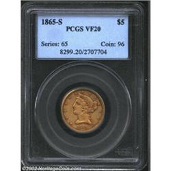 1865-S $5 VF20 PCGS. Heavily yet evenly worn, the smooth and problem free surfaces have acquired a c