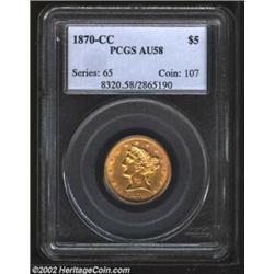 1870-CC $5 AU58 PCGS. Winter 1-A. Die State II. An original coin that shows the usual softness of st