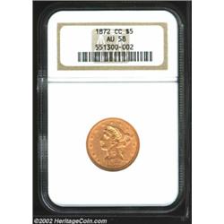 1872-CC $5 AU58 NGC. Somewhat better struck than usual for this issue with the normally found weakne