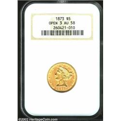 1873 $5 Open 3 AU58 NGC. Sharply struck and lustrous, this is a nice example of this date. Important