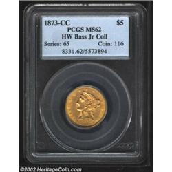 1873-CC $5 MS62 PCGS. Ex: Bass. A magnificent coin with full, frosty luster below medium orange-gold