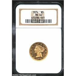 1874 $5 MS62 NGC. Previously offered as lot 2269 in our recent Long Beach Bullet Sale, where it was.