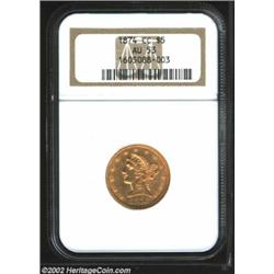 1874-CC $5 AU53 NGC. Winter 1-C. This variety is characterized by the four raised die scratches abov