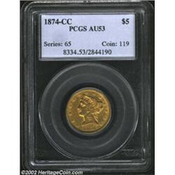 1874-CC $5 AU53 PCGS. Winter 2-D. This variety is characterized by the reuse of the 1872-CC Reverse.