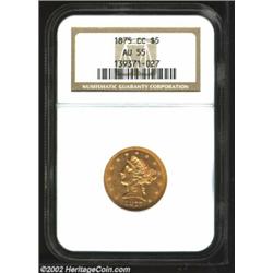 1875-CC $5 AU55 NGC. Winter 1-B. Formerly sold as lot 8108 in our 1999 FUN Sale, where it was descri