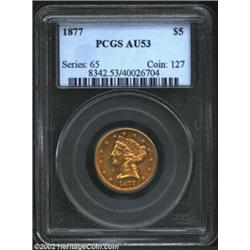 1877 $5 AU53 PCGS. Remnants of a prooflike finish are noted at select angles, but the outward appear