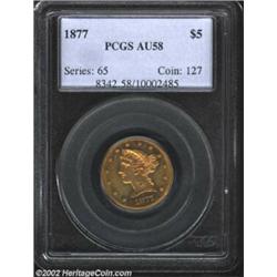 1877 $5 AU58 PCGS. With only 1,132 business strikes produced, the 1877 has the second lowest mintage