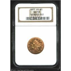 1877-CC $5 AU55 NGC. Winter 1-B. The 1-B variety is most easily distinguished by the second C in the