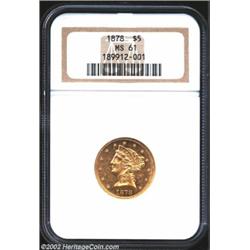 1878 $5 MS61 NGC. Shimmering bright luster adds to the attraction of this sharply struck and moderat