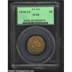 1878-CC $5 VF30 PCGS. Winter 1-A. The extreme rarity of this issue in high grades is reinforced by t