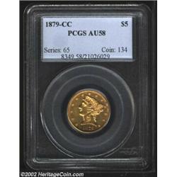 1879-CC $5 AU58 PCGS. Winter 2-A. This variety is immediately identifiable by the die scratch throug