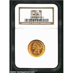 1882 $5 MS64 NGC. A lustrous near-Gem with bright lemon-gold color and a sharp strike. A few trivial