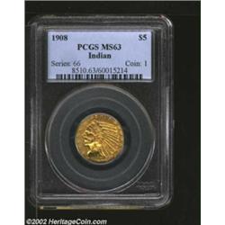 1908 $5 MS63 PCGS. A bright and sharply struck specimen with problem-free surfaces and attractive or