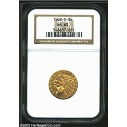 1908-D $5 MS63 NGC. A nicely struck piece that has luminous pumpkin-orange color within the recessed