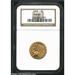 1909 $5 MS63 NGC. A well struck specimen that has relatively clean surfaces and lustrous fields. Ind