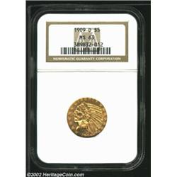 1909-D $5 MS63 NGC. A richly detailed representative with mildly prooflike fields and a carefully pr