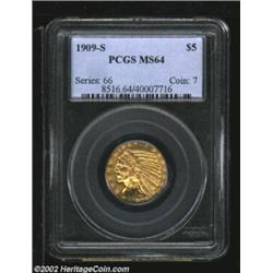 1909-S $5 MS64 PCGS. Previously offered as lot 8260 in our September 2002 Long Beach Signature Sale.