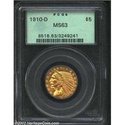 1910-D $5 MS63 PCGS. Fewer than 200,000 half eagles were struck at Denver in 1910. Attrition and the