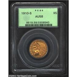 1910-S $5 AU58 PCGS. Faint wear is noted on the highpoints of this better date half eagle. All of th