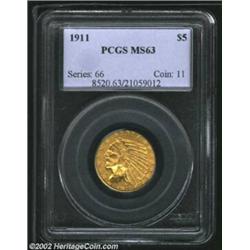 1911 $5 MS63 PCGS. An olive-gold example that has a good strike and untroubled surfaces. A decent ca