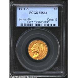 1911-S $5 MS63 PCGS. A strike that is typically sharp for the issue and lovely reddish-gold color th