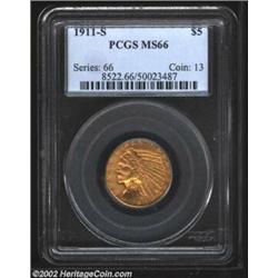 1911-S $5 MS66 PCGS. Produced in sizeable numbers (1.4 million pieces) for the series, the 1911-S ac