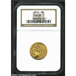 1913 $5 MS63 NGC. A yellow-gold representative that has a good strike and generally unabraded surfac