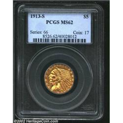 1913-S $5 MS62 PCGS. A nicely struck piece that has shimmering bright luster and problem-free surfac