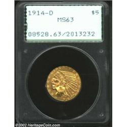 1914-D $5 MS63 PCGS. A golden-brown and orange-gold representative that has shimmering mint luster..