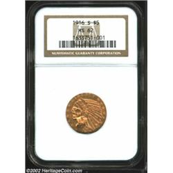 1916-S $5 MS62 NGC. A bright, well struck example with typically indistinct mintmark. There are a sm