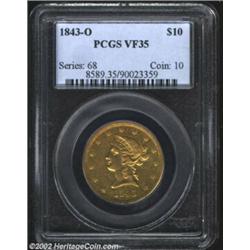 1843-O $10 VF35 PCGS. Typically defined for the grade with moderately abraded surfaces, the '43-O is