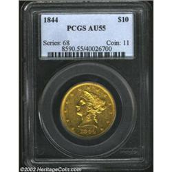 1844 $10 AU55 PCGS. Only 6,361 pieces were struck of the 1844 Ten Dollar. This low mintage gives one