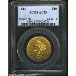 1844 $10 AU55 PCGS. Only 6,361 pieces were struck of the 1844 Ten Dollar. This low mintage gives one