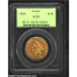 1855 $10 AU58 PCGS. A few of the stars are flat, while the centers are well defined. The surfaces ar