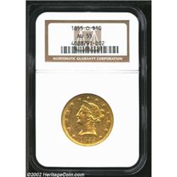 1855-O $10 AU55 NGC. One of only 70-75 examples believed extant (per Winter, 1992) from an original.